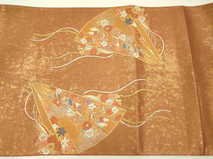 平和屋着物◎太鼓柄袋帯　唐織　扇面花蝶文　金糸　引箔　正絹　逸品　DABH5883ya