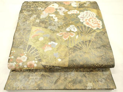平和屋着物◎六通柄袋帯　扇面花文　金糸　正絹　逸品　DABH5885ya