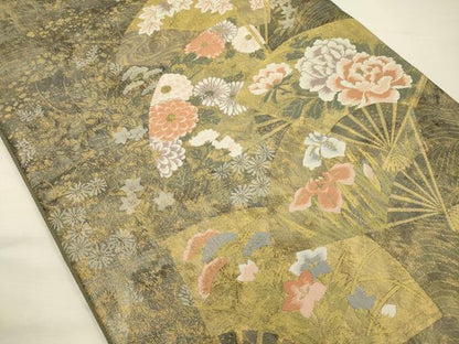 平和屋着物◎六通柄袋帯　扇面花文　金糸　正絹　逸品　DABH5885ya