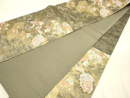 平和屋着物◎六通柄袋帯　扇面花文　金糸　正絹　逸品　DABH5885ya