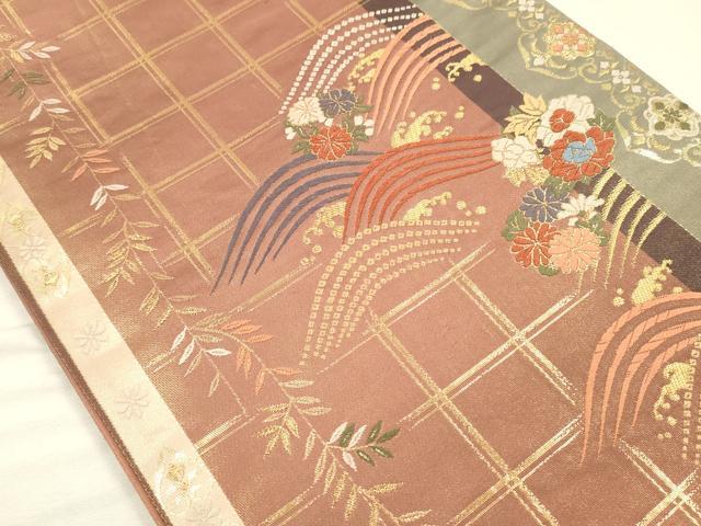 平和屋着物◎全通柄袋帯　唐織　流水花文　金糸　正絹　逸品　DABH5886ya