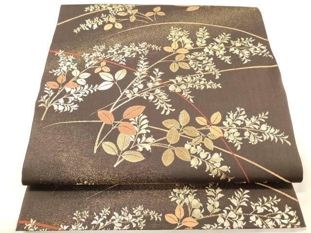 平和屋着物◎六通柄袋帯　唐織　草葉文　金糸　正絹　逸品　DABH5887ya