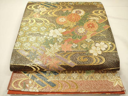 平和屋着物◎六通柄袋帯　流水花筏文　金糸　正絹　逸品　DABH5888ya