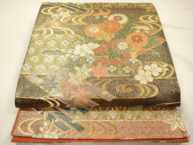 平和屋着物◎六通柄袋帯　流水花筏文　金糸　正絹　逸品　DABH5888ya