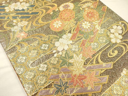 平和屋着物◎六通柄袋帯　流水花筏文　金糸　正絹　逸品　DABH5888ya