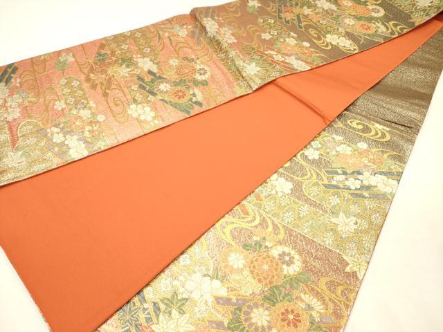 平和屋着物◎六通柄袋帯　流水花筏文　金糸　正絹　逸品　DABH5888ya