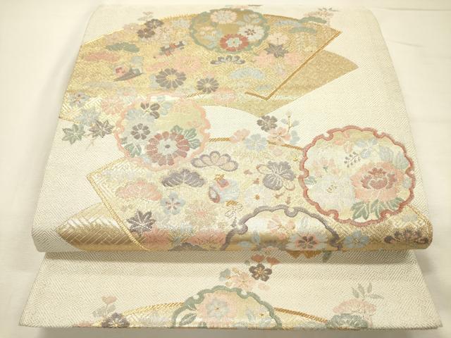 平和屋着物◎六通柄袋帯　雪輪地紙花文　宝尽くし　金糸　正絹　逸品　DABH5889ya