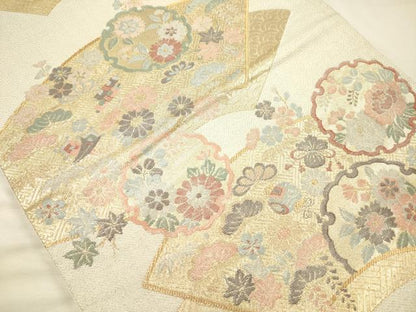 平和屋着物◎六通柄袋帯　雪輪地紙花文　宝尽くし　金糸　正絹　逸品　DABH5889ya