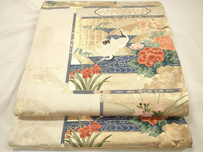 平和屋着物◎西陣　六通柄袋帯　唐織　流水花文　鶴　金糸　正絹　逸品　DABH5893ya