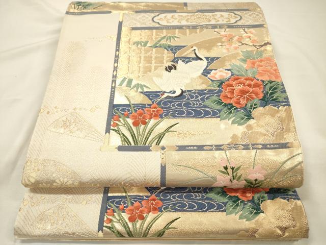 平和屋着物◎西陣　六通柄袋帯　唐織　流水花文　鶴　金糸　正絹　逸品　DABH5893ya