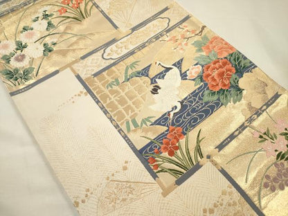 平和屋着物◎西陣　六通柄袋帯　唐織　流水花文　鶴　金糸　正絹　逸品　DABH5893ya