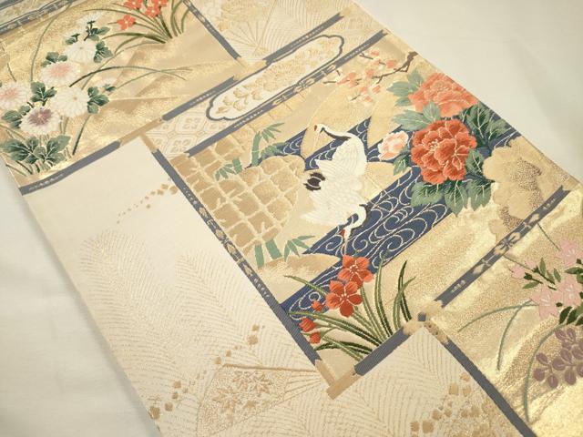 平和屋着物◎西陣　六通柄袋帯　唐織　流水花文　鶴　金糸　正絹　逸品　DABH5893ya