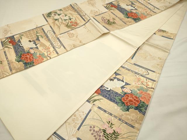 平和屋着物◎西陣　六通柄袋帯　唐織　流水花文　鶴　金糸　正絹　逸品　DABH5893ya