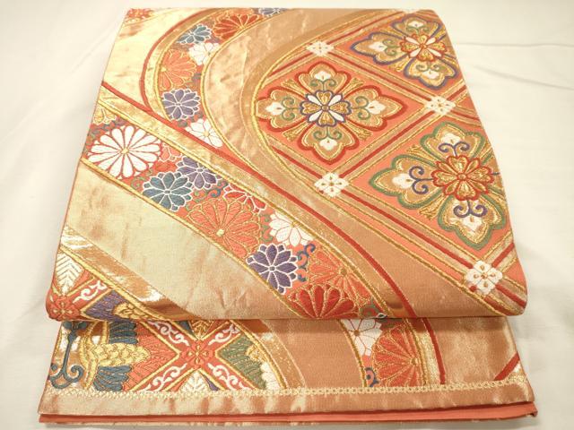 平和屋着物◎六通柄袋帯　唐織　向かい鳥花菱文　金糸　正絹　逸品　DABH5896ya