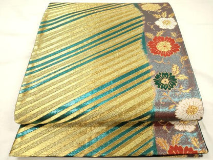 平和屋着物◎六通柄袋帯　唐織　草花文　金糸　正絹　逸品　DABH5918ya