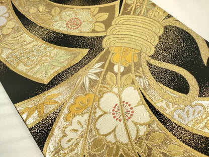 平和屋着物◎六通柄袋帯　束ね熨斗花文　松竹梅　黒地　金銀糸　正絹　逸品　DABH5919ya