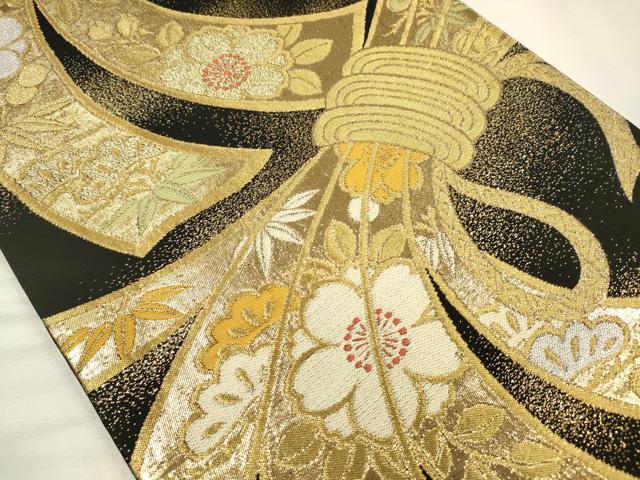 平和屋着物◎六通柄袋帯　束ね熨斗花文　松竹梅　黒地　金銀糸　正絹　逸品　DABH5919ya