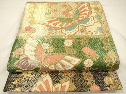 平和屋着物◎六通柄袋帯　唐織　舞蝶桜文　金糸　正絹　逸品　DABH5920ya