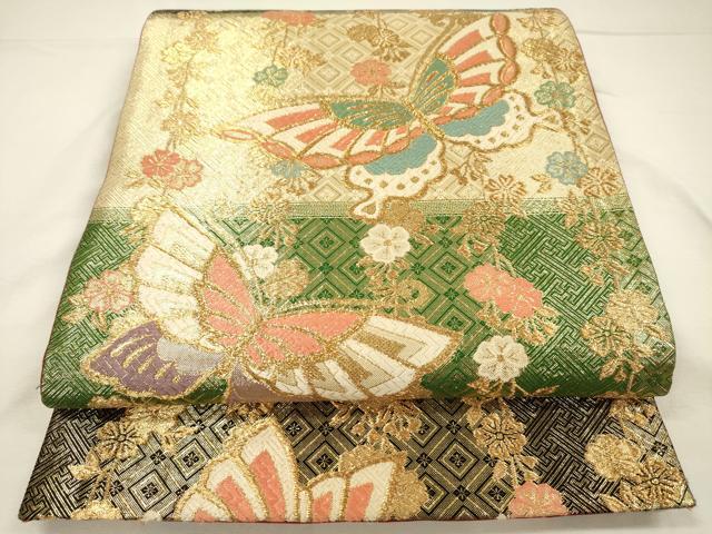 平和屋着物◎六通柄袋帯　唐織　舞蝶桜文　金糸　正絹　逸品　DABH5920ya