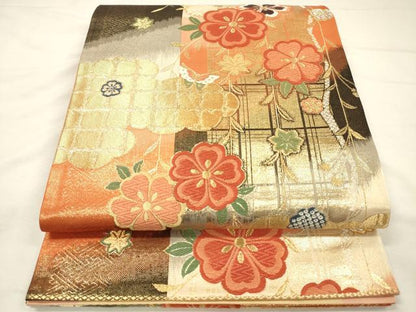 平和屋着物◎六通柄袋帯　唐織　舞蝶花文　舞桜　金銀糸　正絹　逸品　DABH5921ya