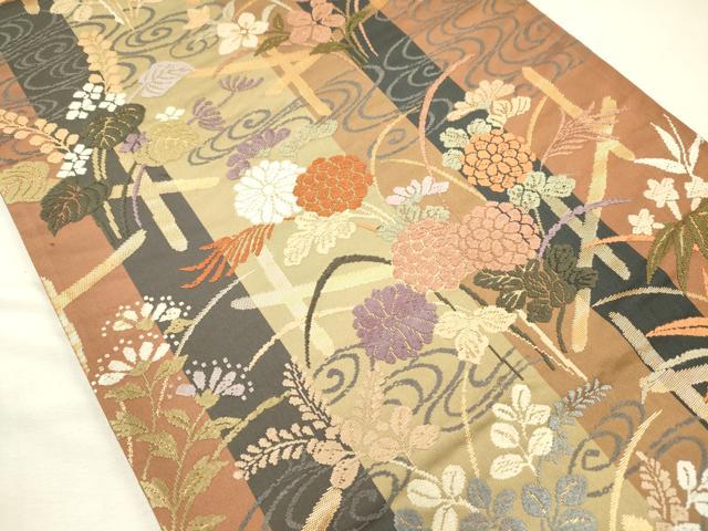 平和屋着物◎西陣　六通柄袋帯　唐織　流水草花文　金糸　証紙付き　正絹　逸品　DABH5924ya