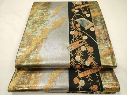 平和屋着物◎六通柄袋帯　楽器花文　金銀糸　引箔　正絹　逸品　DABH5926ya