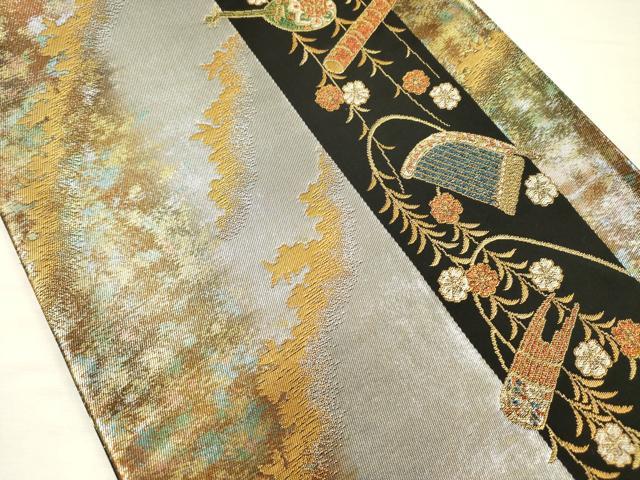 平和屋着物◎六通柄袋帯　楽器花文　金銀糸　引箔　正絹　逸品　DABH5926ya