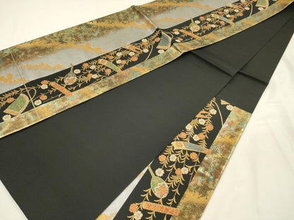 平和屋着物◎六通柄袋帯　楽器花文　金銀糸　引箔　正絹　逸品　DABH5926ya