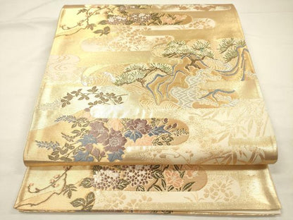 平和屋着物◎六通柄袋帯　唐織　エ霞花松文　金銀糸　正絹　逸品　DABH5936ya