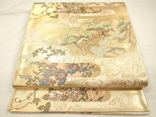 平和屋着物◎六通柄袋帯　唐織　エ霞花松文　金銀糸　正絹　逸品　DABH5936ya