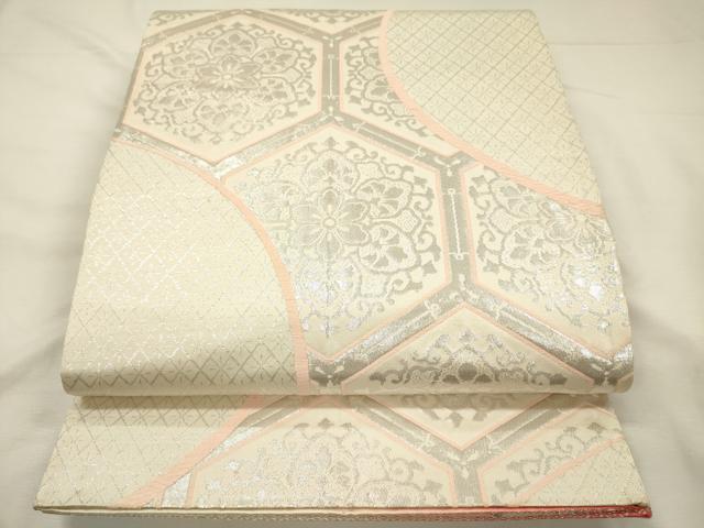平和屋着物◎両面　全通柄袋帯　唐織　正倉院花文　銀糸　正絹　逸品　DABH5937ya