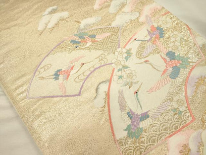 平和屋着物◎六通柄袋帯　唐織　地紙飛鶴花松文　金銀糸　正絹　逸品　DABH5940ya