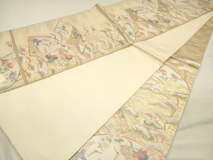 平和屋着物◎六通柄袋帯　唐織　地紙飛鶴花松文　金銀糸　正絹　逸品　DABH5940ya