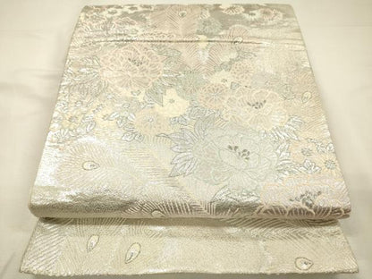 平和屋着物◎六通柄袋帯　唐織　草花孔雀羽文　銀糸　正絹　逸品　DABH5943ya