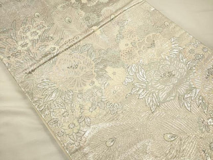 平和屋着物◎六通柄袋帯　唐織　草花孔雀羽文　銀糸　正絹　逸品　DABH5943ya