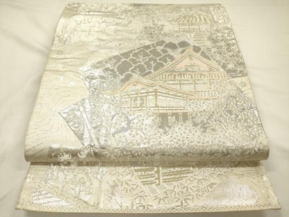 平和屋着物◎六通柄袋帯　風景花文　プラチナ箔二重織　正絹　逸品　DABH5945ya