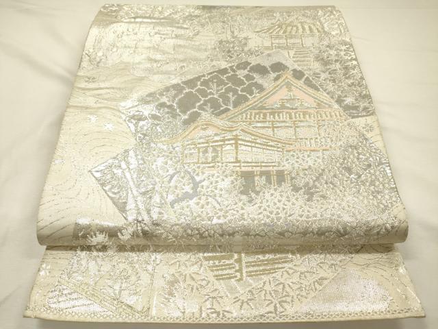 平和屋着物◎六通柄袋帯　風景花文　プラチナ箔二重織　正絹　逸品　DABH5945ya