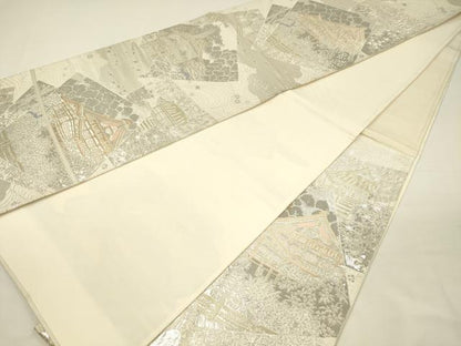 平和屋着物◎六通柄袋帯　風景花文　プラチナ箔二重織　正絹　逸品　DABH5945ya
