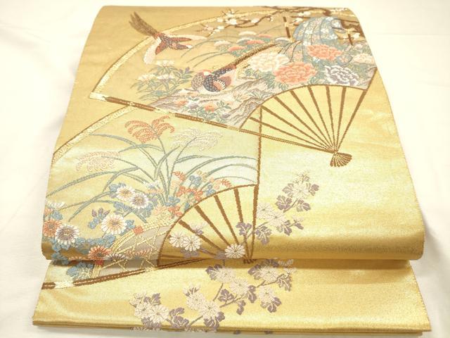 平和屋着物◎六通柄袋帯　唐織　美扇花鳥絵図　金糸　正絹　逸品　DABH5947ya