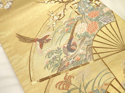 平和屋着物◎六通柄袋帯　唐織　美扇花鳥絵図　金糸　正絹　逸品　DABH5947ya