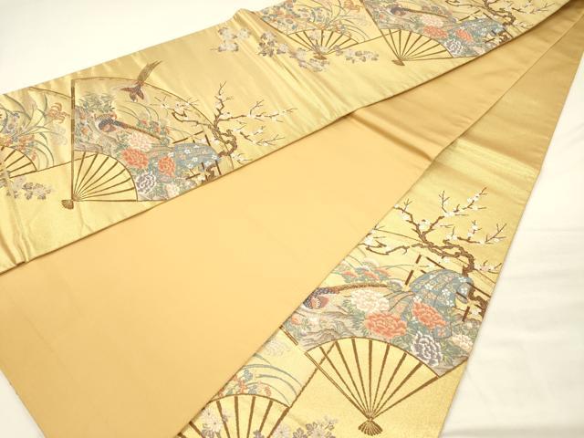 平和屋着物◎六通柄袋帯　唐織　美扇花鳥絵図　金糸　正絹　逸品　DABH5947ya