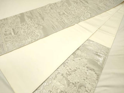 平和屋着物◎六通柄袋帯　風景文　プラチナ箔　正絹　逸品　DABH5950ya