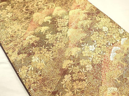 平和屋着物◎六通柄袋帯　流水花松文　金糸　正絹　逸品　DABH5951ya