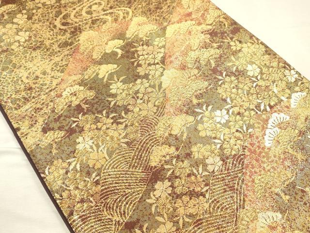 平和屋着物◎六通柄袋帯　流水花松文　金糸　正絹　逸品　DABH5951ya