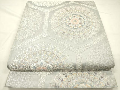 平和屋着物◎六通柄袋帯　唐織　正倉院亀甲花文　銀糸　正絹　逸品　DABH5952ya