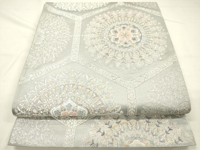 平和屋着物◎六通柄袋帯　唐織　正倉院亀甲花文　銀糸　正絹　逸品　DABH5952ya