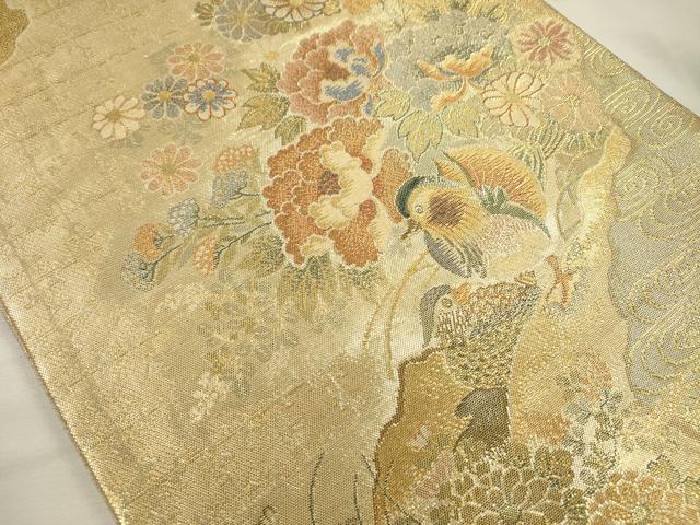 平和屋着物◎佐賀錦　六通柄袋帯　草花文　鴛鴦　金糸　正絹　逸品　DABH5953ya