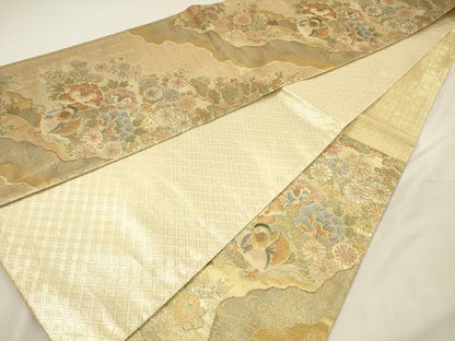 平和屋着物◎佐賀錦　六通柄袋帯　草花文　鴛鴦　金糸　正絹　逸品　DABH5953ya