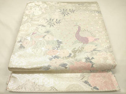 平和屋着物◎六通柄袋帯　孔雀花文　銀糸　正絹　逸品　DABH5954ya