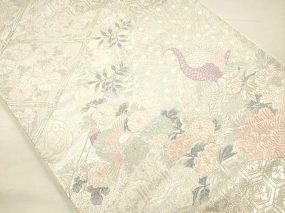 平和屋着物◎六通柄袋帯　孔雀花文　銀糸　正絹　逸品　DABH5954ya